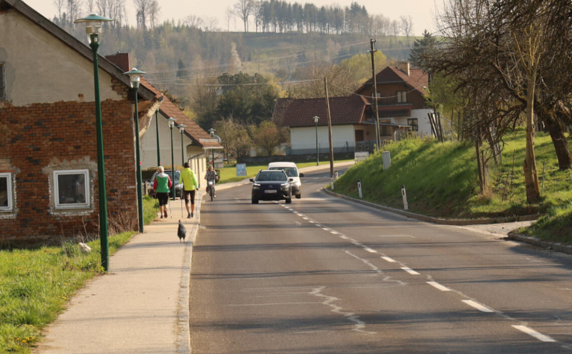 Landstraße im Ortsgebiet mit zwei Kfz, die eine Radfahrerin überholen, am Gehsteig daneben sind zwei Fußgängerinnen und ein Huhn