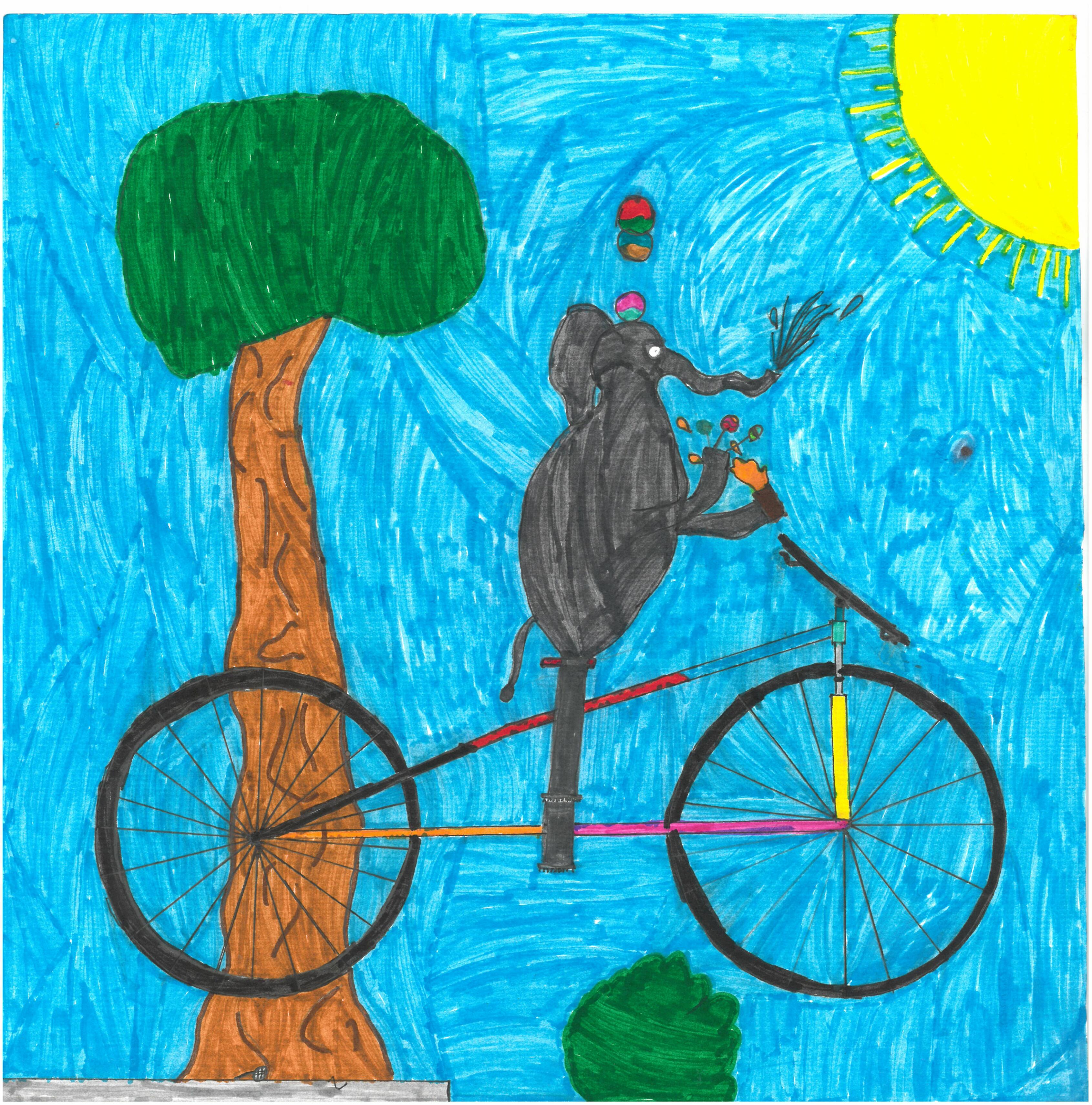 Kinderzeichnung Elefant fährt mit Fahrrad