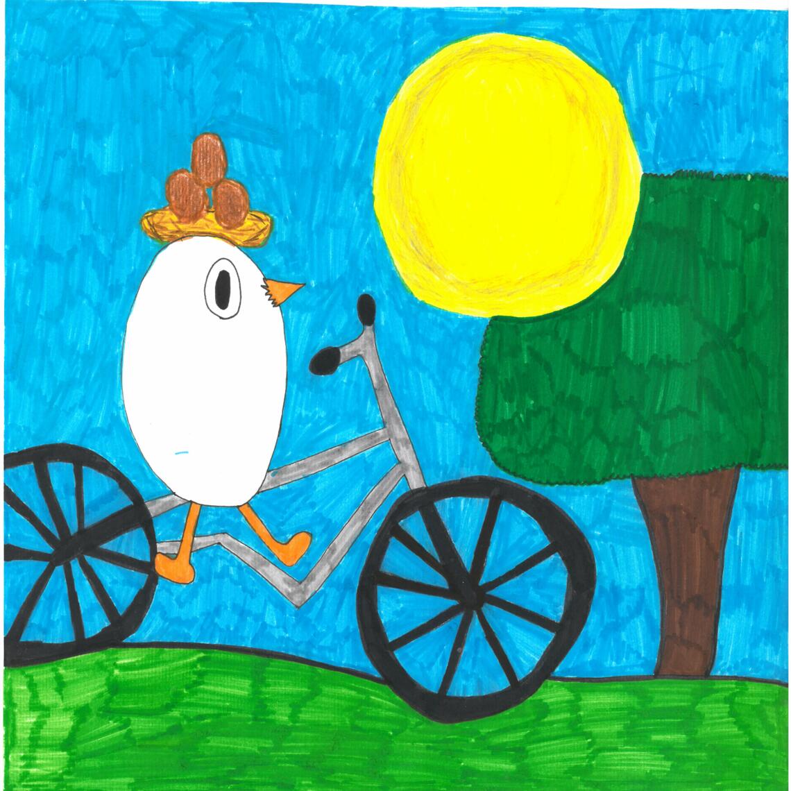 Kinderzeichnung Ei mit Strohhut fährt mit dem Fahrrad
