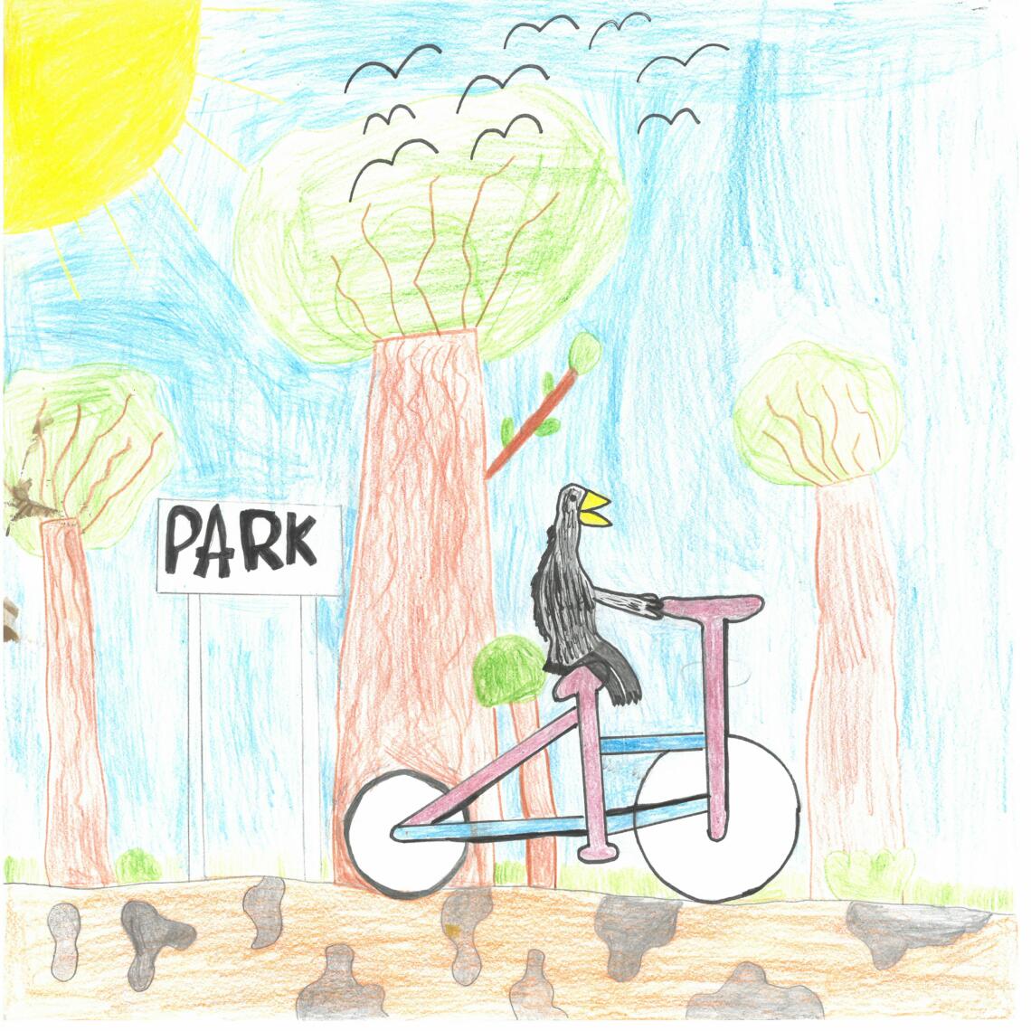 Kinderzeichnung Schwarzer Vogel sitzt am Fahrrad in einem Park