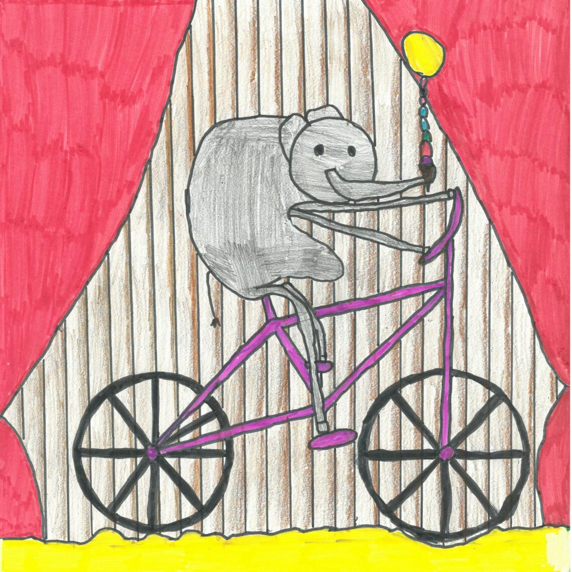 Kinderzeichnung Elefant fährt mit Fahrrad und isst Eis