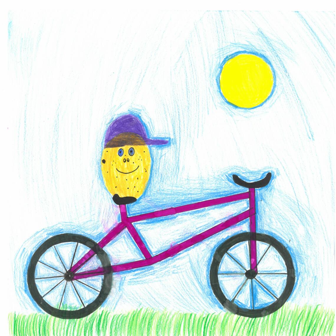 Kinderzeichnung Kartoffel mit Lila Kappe fährt mit dem Fahrrad