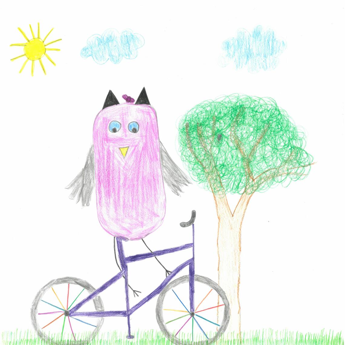 Kinderzeichnung Eule fährt mit Fahrrad