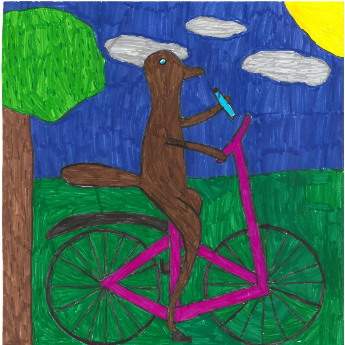 Kinderzeichnung Tier fährt mit pinken Fahrrad