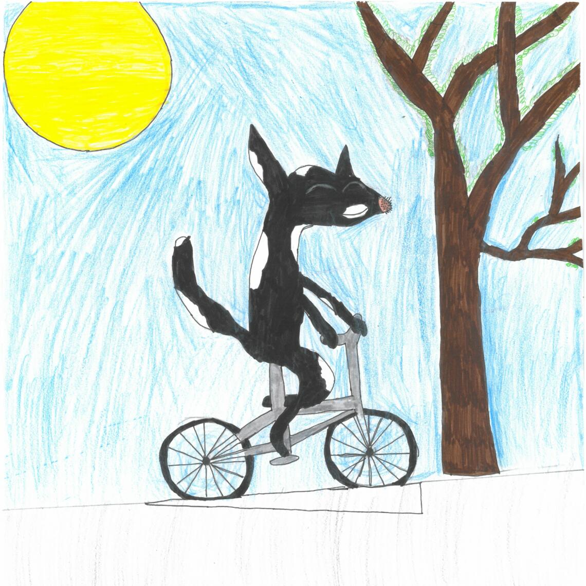 Kinderzeichnung Tier fährt mit dem Fahrrad