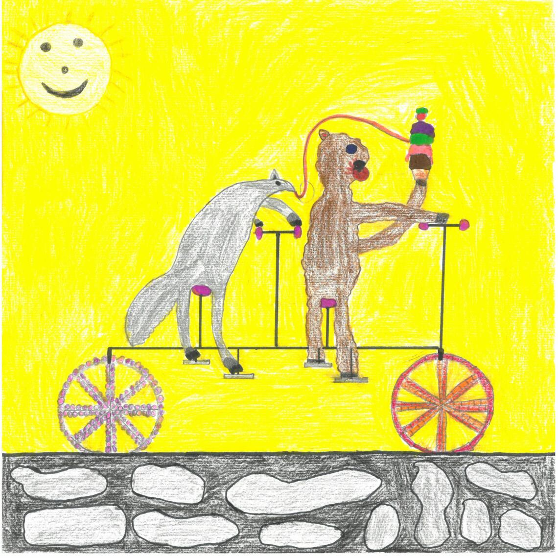 Kinderzeichnung Ameisenbär und Kuh fahren mit Tandemrad und essen Eis