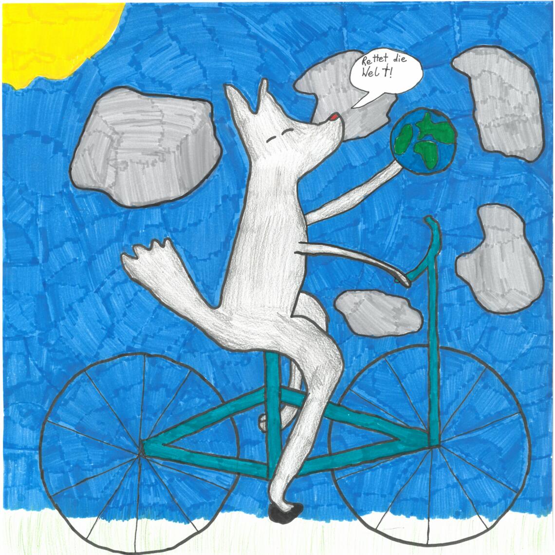 Kinderzeichnung weißer Wolf fährt Fahrrad und hält eine Weltkugel in der Hand und sagt: 