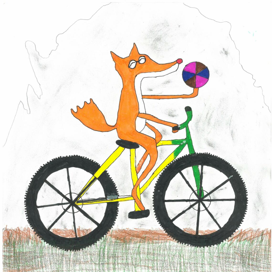 Kinderzeichnung Fuchs fährt mit Fahrrad und hält einen Ball in der Hand