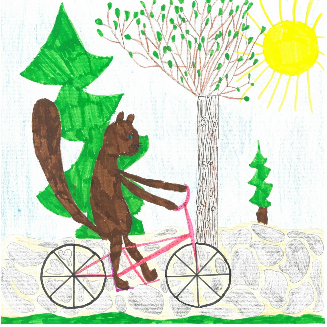 Kinderzeichnung Eichhörnchen fährt mit Fahrrad