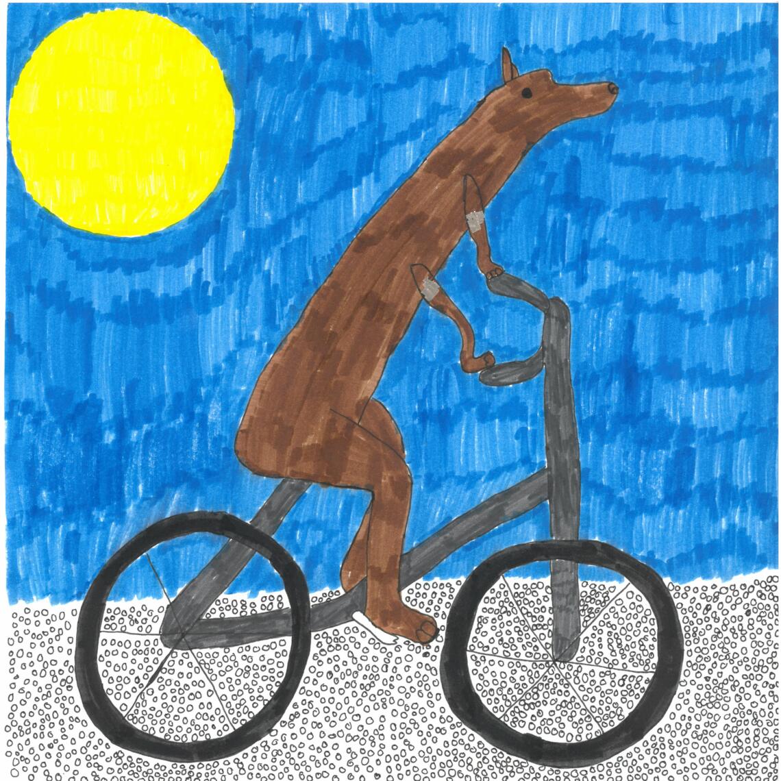 Kinderzeichnung Kurzhaarhund fährt mit Fahrrad