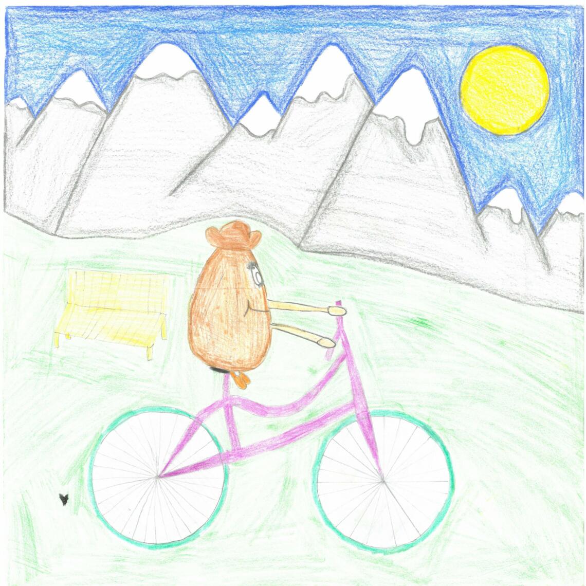 Fantasie- Figur fährt mit Fahrrad. Im Hintergrund sind Berge.