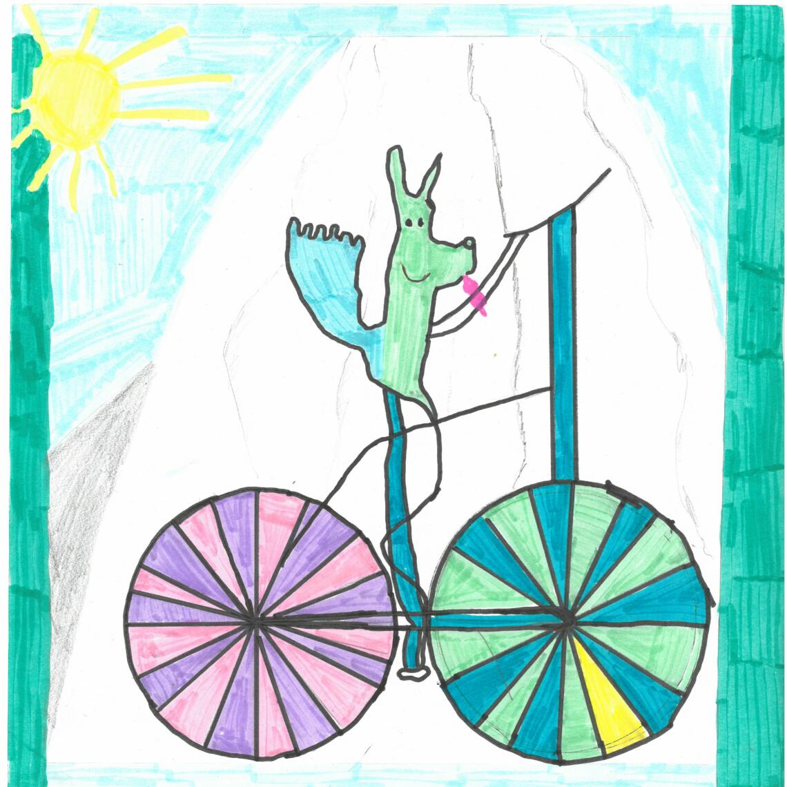 Kinderzeichnung blau-grünes Fantasietier fährt Fahrrad und isst Eis