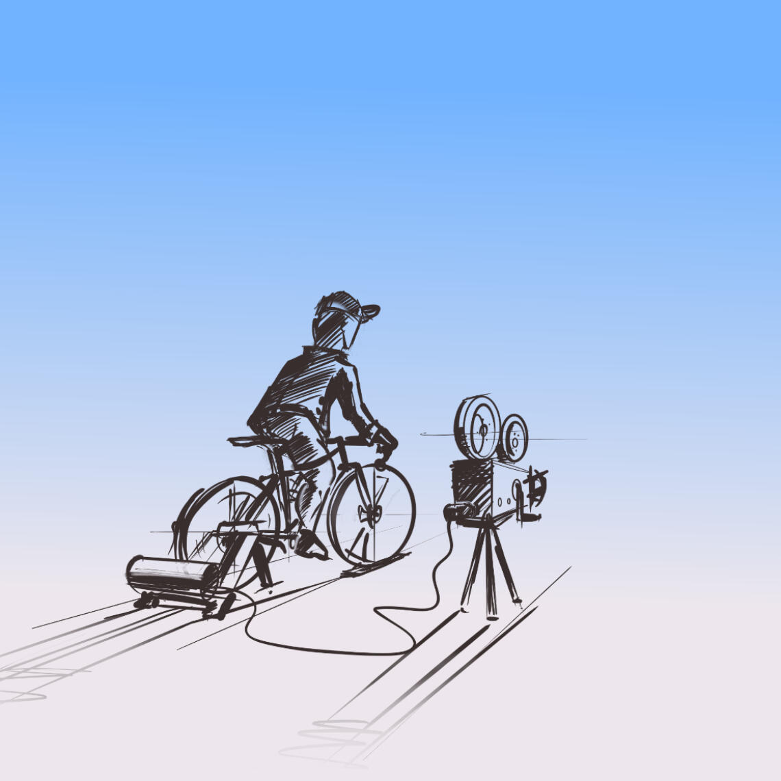 Zeichnerische Darstellung von Fahrradfahrer, welcher Filmprojektor antreibt