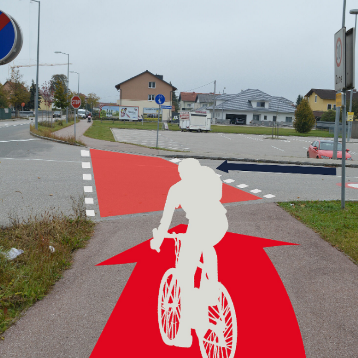 Grafik visualisiert Radfahrerüberfahrt mit roter flächiger Markierung