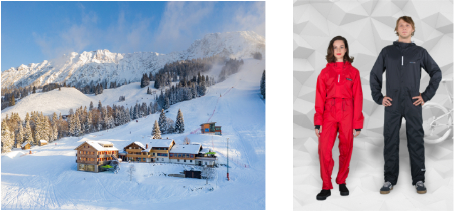Winter-Ski Landschaft mit Hotel und Dame mit rotem Overall und Herr mit Schwarzem Overall
