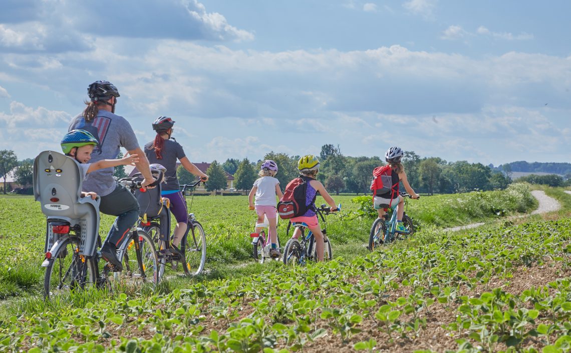 Familie auf Fahrrädern auf Feldweg